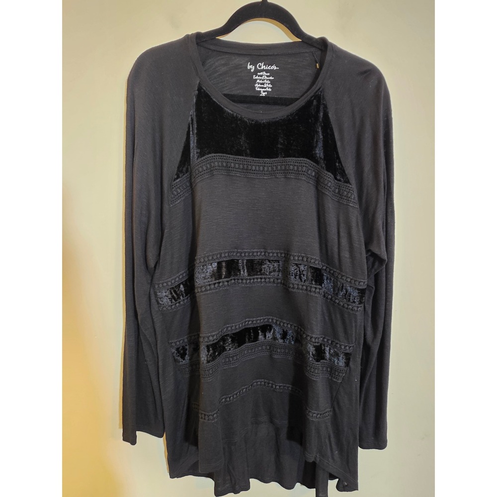 By Chico's Black Velvet Crochet Lace Trim Long Sleeve Tunic‎ Top Size 3 XL